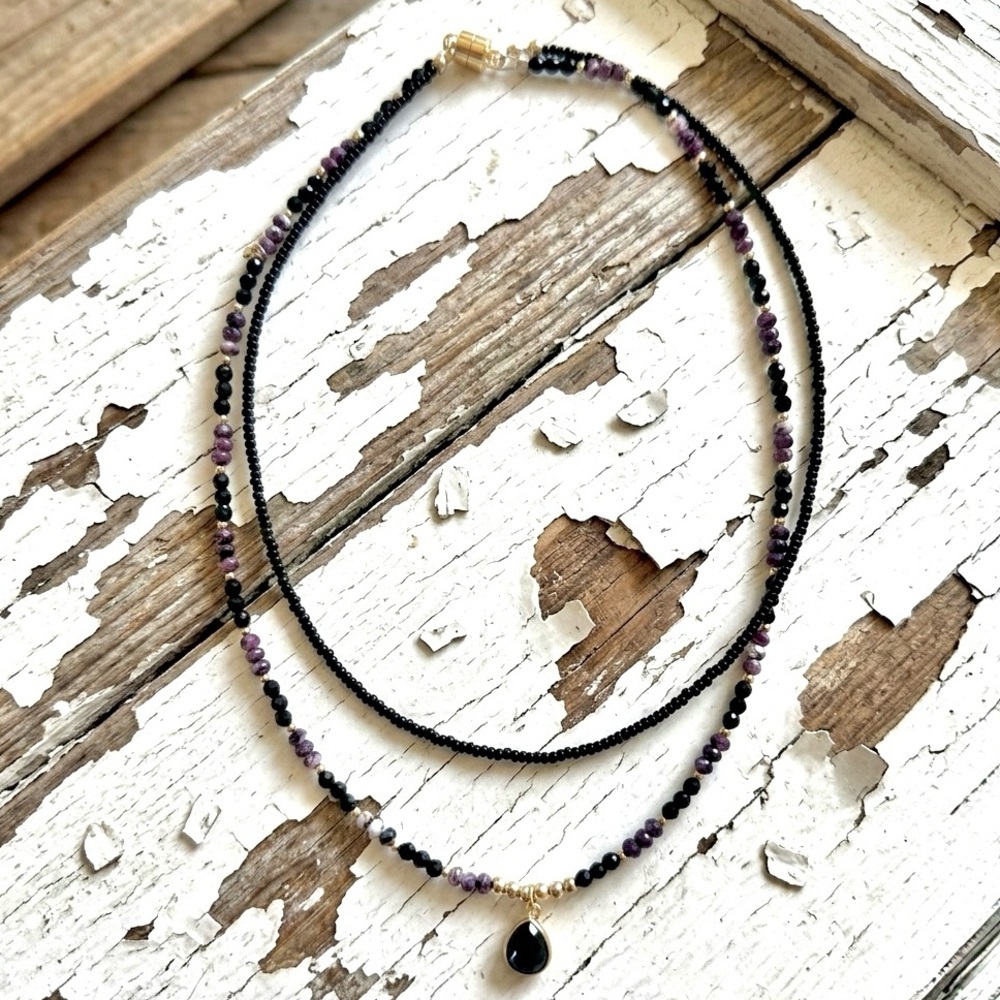 Dainty Mauve & Black Quartz Double Strand Beaded Necklace w/ Spinel Pendant